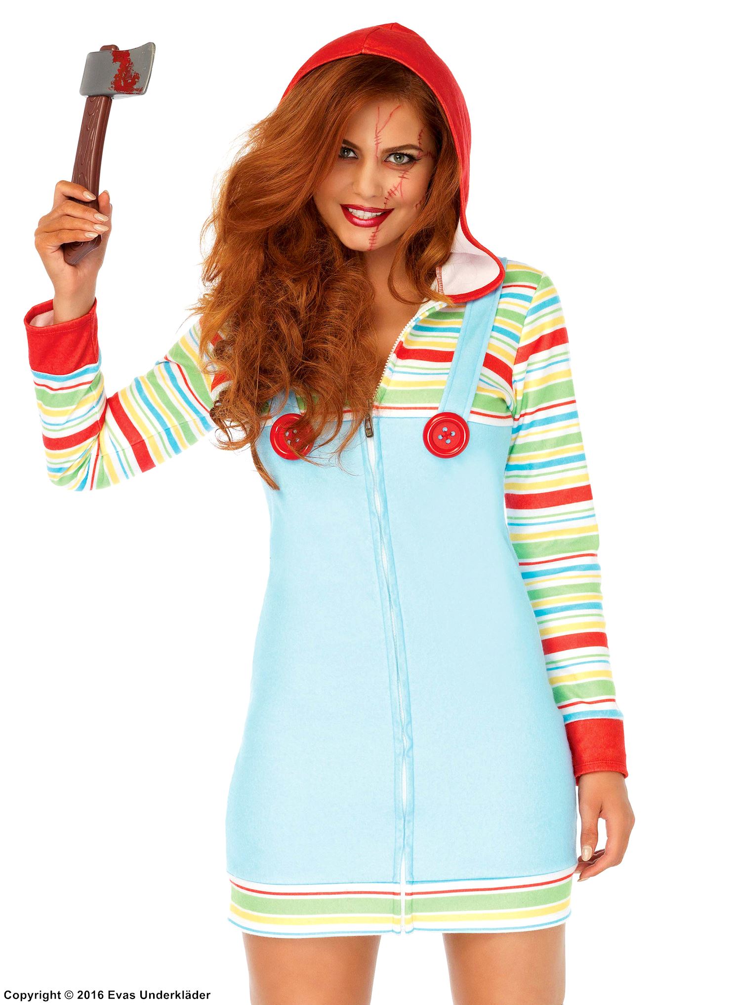 Chucky aus "Chucky – Die Mörderpuppe" (Frau), Kostüm-Kleid, Tasten, Front-Reißverschluss, horizontale Streifen
